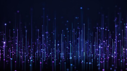 Abstract Data Stream Visualization Blue And Purple Vertical Lines On Dark Background With Glowing Particles
