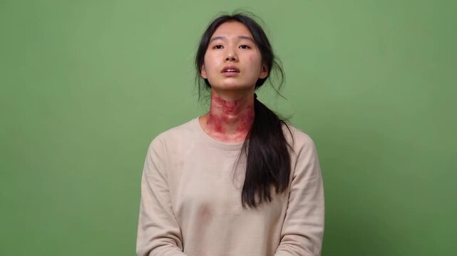 Scarred woman in front of green screen