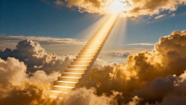 Golden stairway leading up to heaven through clouds with divine light, symbolizing Jacob's ladder or path to success