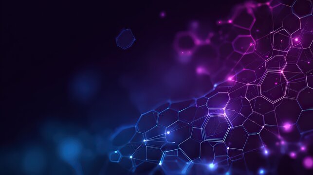 Abstract Digital Molecular Structure With Blue And Purple Tones Over Black Background