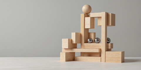 Wooden Blocks Tower Game Metal Balls Abstract A precarious tower constructed from various wooden blocks and shapes, interspersed with reflective