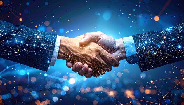 Close-up of a digital handshake, connections and networking with glowing background - Powered by Adobe