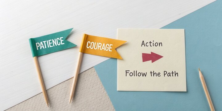 Colorful flags symbolizing patience and courage with action note on desk, inspiring motivation and personal growth concepts
