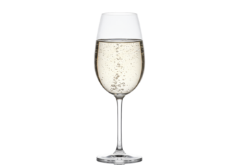 Hyper-sharp macro close-up of a crystal wine flute filled with effervescent pale golden sparkling wine, isolated against a high-key white background. Concept for luxury beverage advertising