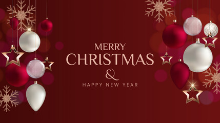 Elegant merry Christmas and happy new year greeting card with ornaments and snowflakes