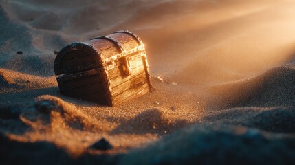 Lost Treasure Chest Half Buried in Sand with Glowing Light from the Setting Sun Creating an Enchanting Scene of Adventure and Mystery