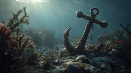 Old Anchor Resting on Seabed Surrounded by Vibrant Coral Growth in an Underwater Scene with Soft Rays of Light Penetrating the Ocean Surface