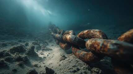 Massive Rusted Chain Resting on Sandy Seafloor Captured in Cinematic Underwater Scene with Rays of Light Piercing Through Dark Water