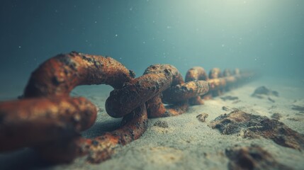 Massive Rusted Chain Resting on Sandy Seafloor in Underwater Environment with Soft Light and Particles Floating Around