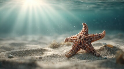 A Stunning Starfish Resting on a Sandy Seabed Illuminated by Sunlight Rays in a Serene Underwater Scene