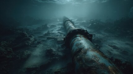 Submerged Oil Pipeline Stretching Across the Seafloor, Capturing the Depths of Marine Environments and Their Impact on Oceanic Ecosystems