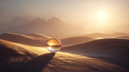 Crystal ball reflects the sunrise over the sand dunes in a desert landscape