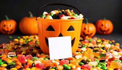 Halloween Candy Bucket with Pumpkins, Sweet Treats, and Isolated on Black.