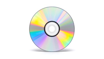CD or DVD disc. Rainbow shimmer reflects on surface. Centered against white background, casts soft shadow