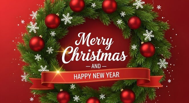 Christmas wreath with red baubles snowflakes and festive greeting for holidays