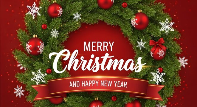 Christmas wreath with red ornaments and snowflakes on red background with holiday greeting text