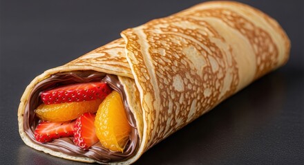 Delicious fruit crepe rolled with fresh strawberries and peaches