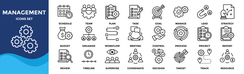 Management icon set collection. an icon pack contain manage, plan, lead, strategy, goal, task, team, schedule, organize, project