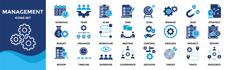 Management icon set collection. an icon pack contain manage, plan, lead, strategy, goal, task, team, schedule, organize, project