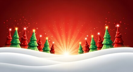 Festive Christmas trees and snow landscape with glowing light against a vibrant red sky