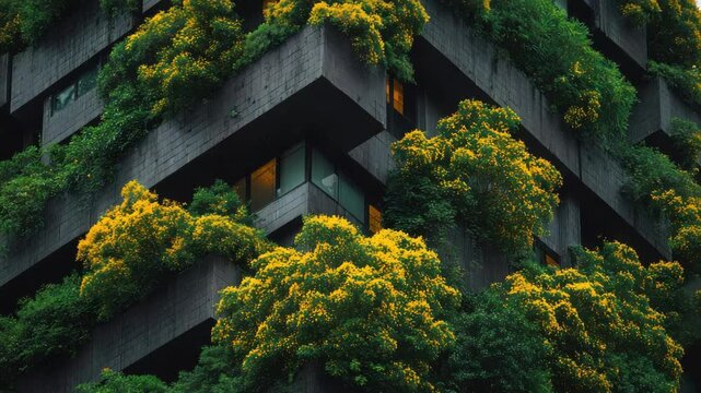 Modern Brutalist Architecture Adorned with Lush Greenery and Yellow Blossoms Overlooking Cityscape