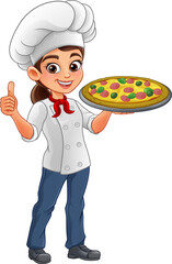 Cartoon Female Woman Chef Holding Pizza Thumbs Up