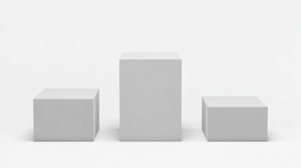 Minimalist 3D render three white podiums, varied heights, pure backdrop