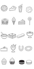 A set of clean, black-and-white line art icons illustrating a variety of popular desserts, including donuts, cakes, cookies, ice cream, and pastries. The minimalist style focuses on the simple outline