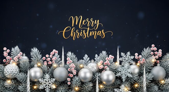 Frosted Christmas fir branches with silver ornaments and golden Merry Christmas text
