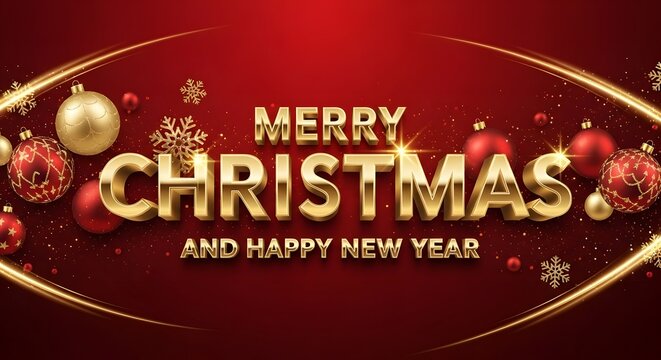 Golden Merry Christmas and Happy New Year message on festive red background - Powered by Adobe