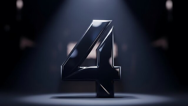 Metallic Number Four Illuminated in Dark Studio with Spotlights