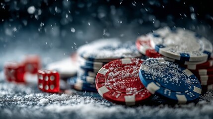 casino roulette merged in snow and poker chips, christmas casino 