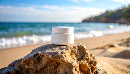 White Cosmetic Jar on Rock at Sunny Beach with Coastal Background.