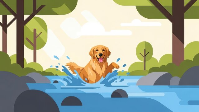 Golden Retriever Dog Joyfully Splashing in a River Surrounded by Lush Green Trees and Rocks.