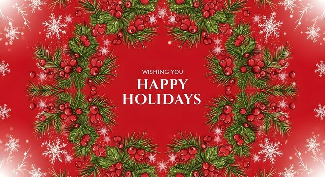Holiday wreath with pine branches, red berries, snowflakes, and Happy Holidays text - Powered by Adobe