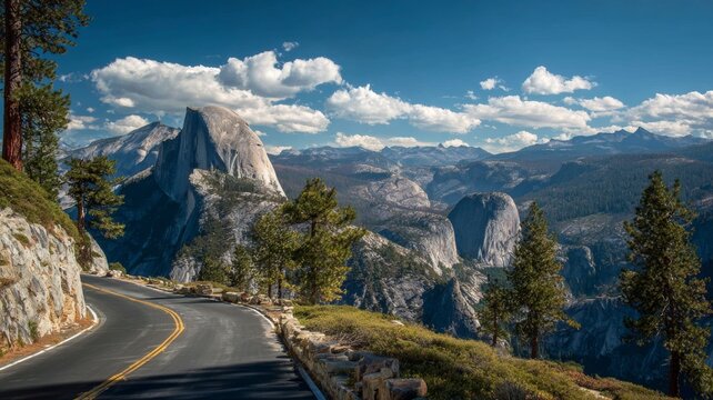 Scenic road leading to glacier point overlooking half dome in yosemite national park california with majestic mountain views and lush forest landscape - Powered by Adobe