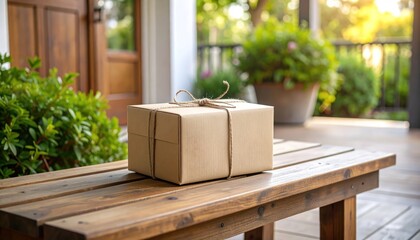 Package Delivery on Porch with Home, Parcel, Shipping, and Brown Box.