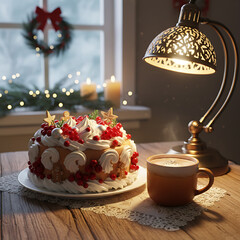 Festive Holiday Scene Cake, Cocoa, and Cozy Lighting by the Window