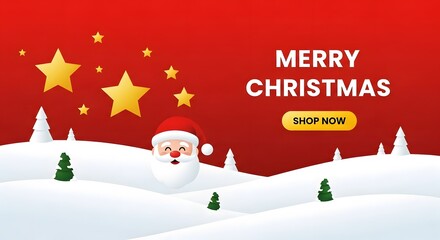 Merry Christmas banner with Santa Claus head, golden stars, and snowy winter landscape