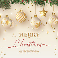 Elegant merry christmas greeting card with gold ornaments and fir branches