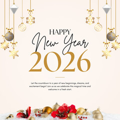 Happy new year 2026 greeting with festive decorations and lights