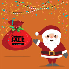 Christmas Sale Discount Banner with Cartoon Santa Claus and Gift Bag