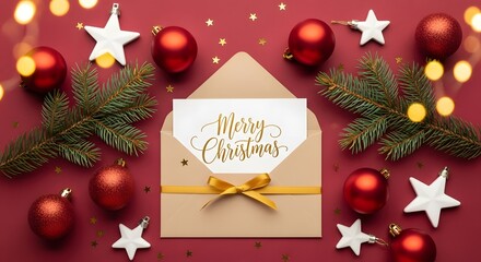 Obraz premium Merry Christmas card in kraft envelope surrounded by festive red baubles and star ornaments