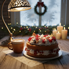 Festive Coffee & Cake Cozy Holiday Scene with Wreath and Candles