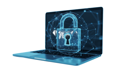 Laptop displaying a digital padlock, symbolizing cybersecurity isolated on transparent background 
