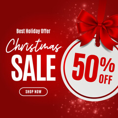 Christmas sale 50 percent off best holiday offer with red bow