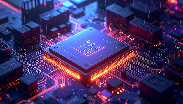 Close-up of a glowing central processing unit (CPU) on a circuit board, with pink and blue neon lighting effects