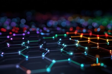 Abstract Dark Hexagonal Grid with Glowing Nodes in Blue Red Green and Orange Bokeh Background Cyberpunk Style Digital Network Wallpaper