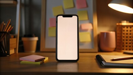 A modern smartphone sits on a desk surrounded by stationery, cups, and sticky notes, creating an organized workspace vibe.