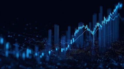 Abstract Financial Graph Data Visualization with Blue Bars and Rising Line Chart Over Dark Blue Background